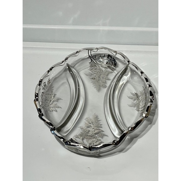 Beautiful Glass Dish with silver trim and floral print. Candy Dish. Serving Dish - Picture 2 of 5
